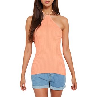 Women's Halter Neck Knit Tank Top with Ribbed Design and Stretchy Fit for Casual Summer Wear