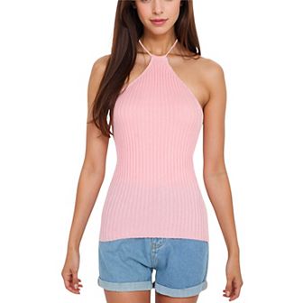 Women's Halter Neck Knit Tank Top with Ribbed Design and Stretchy Fit for Casual Summer Wear