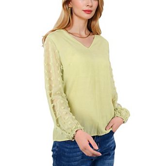 Women's Sheer Sleeve V-Neck Blouse with Delicate Dot Embroidery