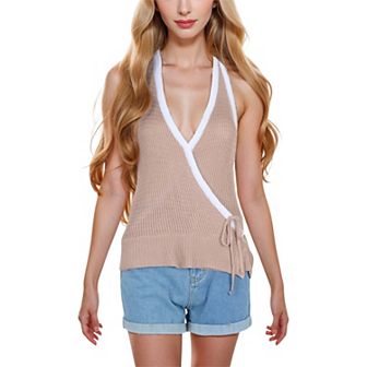 Women's Halter Neck Knit Tank Top with V-Neck Wrap Design and Side Tie Detail Casual Summer Top