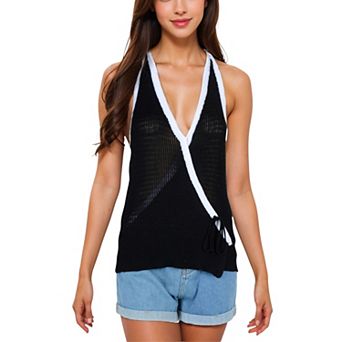 Women's Halter Neck Knit Tank Top with V-Neck Wrap Design and Side Tie Detail Casual Summer Top