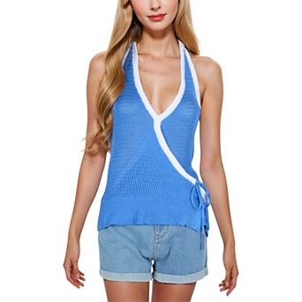 Women's Halter Neck Knit Tank Top with V-Neck Wrap Design and Side Tie Detail Casual Summer Top