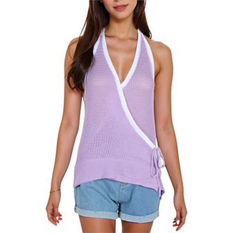 Women's Halter Neck Knit Tank Top with V-Neck Wrap Design and Side Tie Detail Casual Summer Top