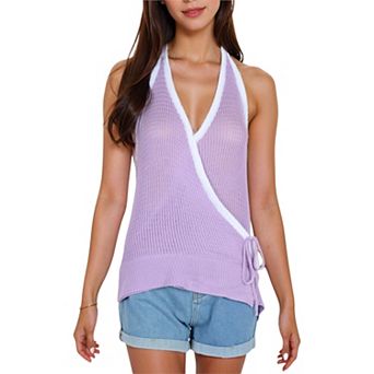 Women's Halter Neck Knit Tank Top with V-Neck Wrap Design and Side Tie Detail Casual Summer Top