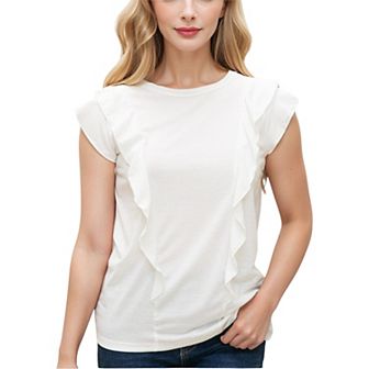 Women's Round Neck Ruffle Detail Short Sleeve Layering Long T-Shirt Casual Top
