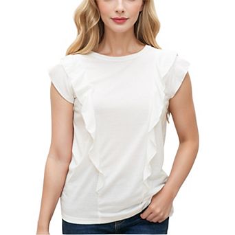 Women's Round Neck Ruffle Detail Short Sleeve Layering Long T-Shirt Casual Top