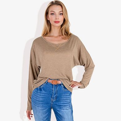 Women's Long Sleeve Boat Neck Pullover Top with Stitch Detail