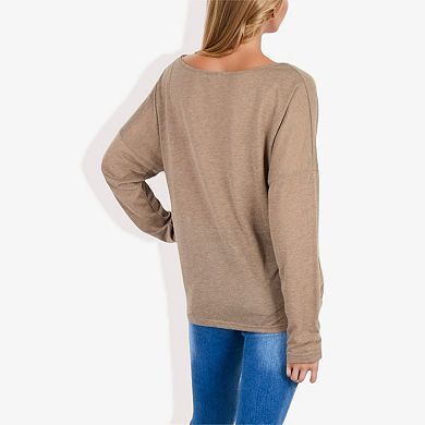 Women's Long Sleeve Boat Neck Pullover Top with Stitch Detail
