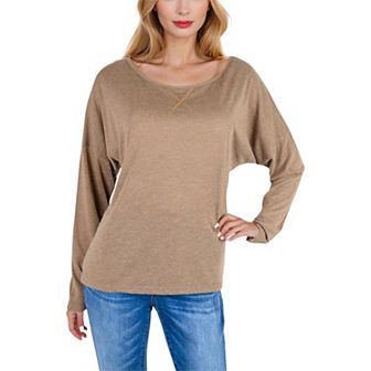 Women's Long Sleeve Boat Neck Pullover Top with Stitch Detail