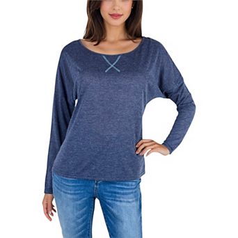 Women's Long Sleeve Boat Neck Pullover Top with Stitch Detail