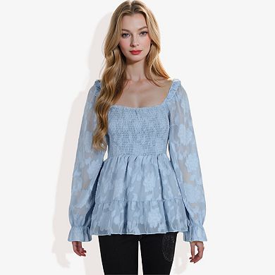Women's Square Neck Smocked Top with Sheer Puff Sleeves Elegant and Stylish for Any Occasion