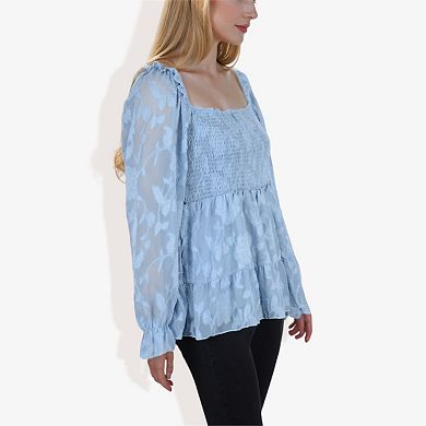 Women's Square Neck Smocked Top with Sheer Puff Sleeves Elegant and Stylish for Any Occasion