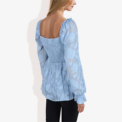 Women's Square Neck Smocked Top with Sheer Puff Sleeves Elegant and Stylish for Any Occasion