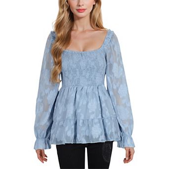 Women's Square Neck Smocked Top with Sheer Puff Sleeves Elegant and Stylish for Any Occasion