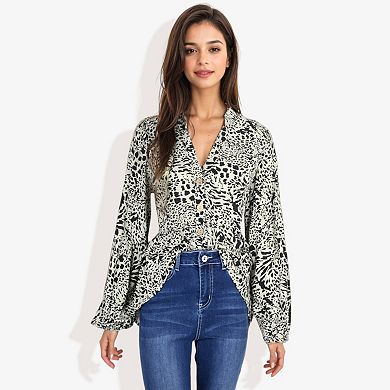 Women's Long Sleeve Button Down Blouse with Animal Print and Ruffle Trim V-Neck Casual Top