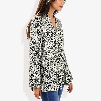 Women's Long Sleeve Button Down Blouse with Animal Print and Ruffle Trim V-Neck Casual Top