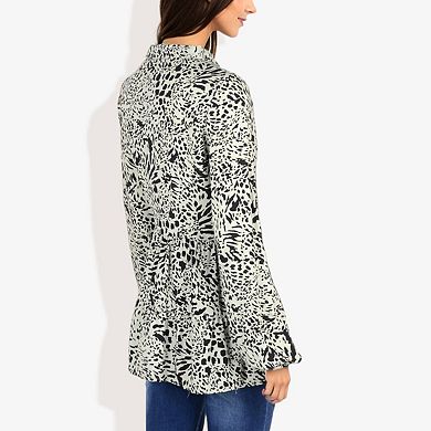 Women's Long Sleeve Button Down Blouse with Animal Print and Ruffle Trim V-Neck Casual Top