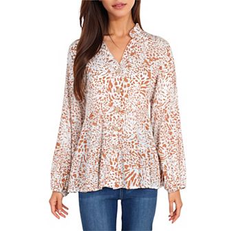 Women's Long Sleeve Button Down Blouse with Animal Print and Ruffle Trim V-Neck Casual Top
