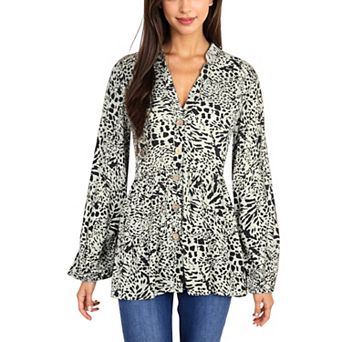 Women's Long Sleeve Button Down Blouse with Animal Print and Ruffle Trim V-Neck Casual Top