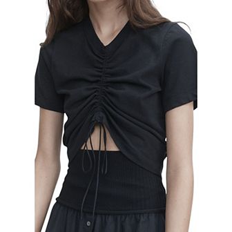 Women's Short Sleeve Ruched Drawstring V-Neck Crop Top