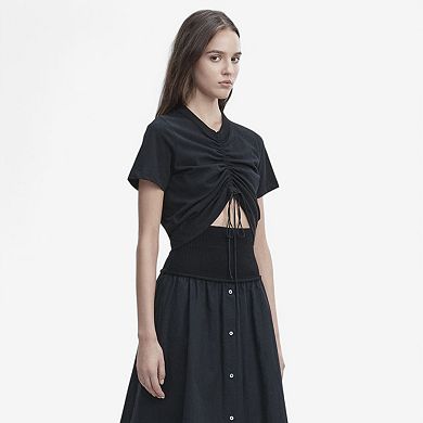 Women's Short Sleeve Ruched Drawstring V-Neck Crop Top