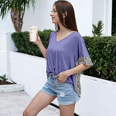 Women's Gathered Front Knot Leopard Back Print Top