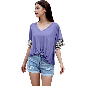 Women's Gathered Front Knot Leopard Back Print Top