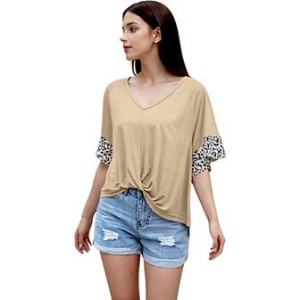 Women's Gathered Front Knot Leopard Back Print Top