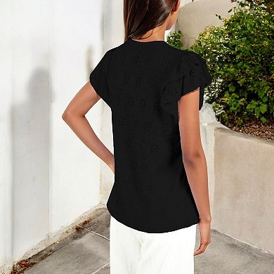 Women's Eyelet Ruffle Sleeve Top with Keyhole Tie Front