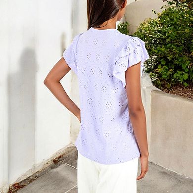 Women's Eyelet Ruffle Sleeve Top with Keyhole Tie Front