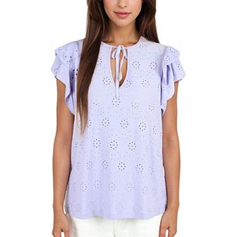 Women's Eyelet Ruffle Sleeve Top with Keyhole Tie Front