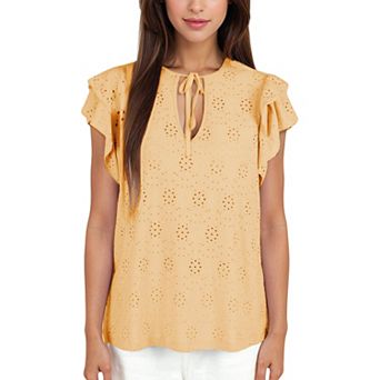 Women's Eyelet Ruffle Sleeve Top with Keyhole Tie Front