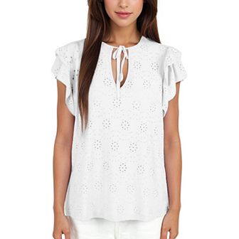 Women's Eyelet Ruffle Sleeve Top with Keyhole Tie Front