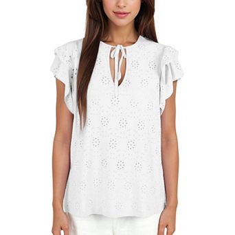 Women's Eyelet Ruffle Sleeve Top with Keyhole Tie Front