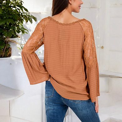 Women's Lace Detail V-Neck Blouse with Bell Sleeves