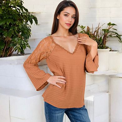 Women's Lace Detail V-Neck Blouse with Bell Sleeves
