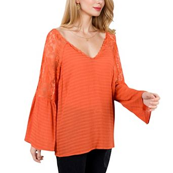 Women's Lace Detail V-Neck Blouse with Bell Sleeves