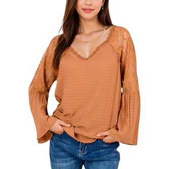 Women's Lace Detail V-Neck Blouse with Bell Sleeves