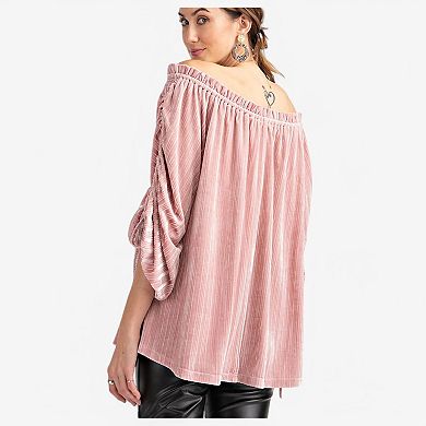 Women's Velvet Off-Shoulder Blouse with Ruched Sleeves and Tie Details