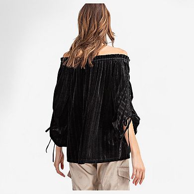 Women's Velvet Off-Shoulder Blouse with Ruched Sleeves and Tie Details