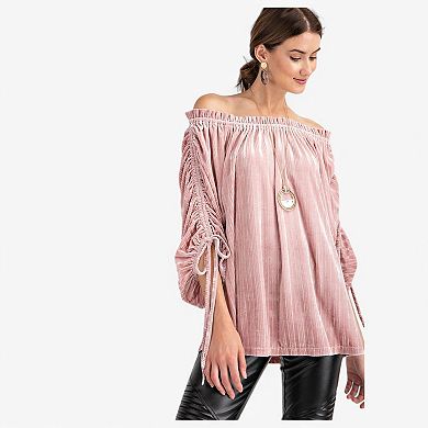 Women's Velvet Off-Shoulder Blouse with Ruched Sleeves and Tie Details