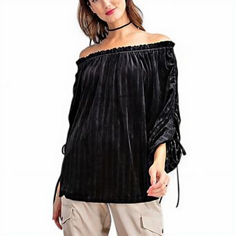 Women's Velvet Off-Shoulder Blouse with Ruched Sleeves and Tie Details