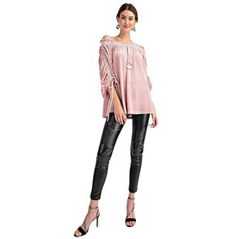 Women's Velvet Off-Shoulder Blouse with Ruched Sleeves and Tie Details