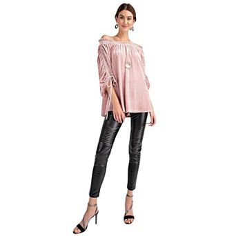 Women's Velvet Off-Shoulder Blouse with Ruched Sleeves and Tie Details