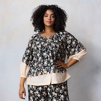 Plus Size LC Lauren Conrad Raglan Sleeve Button Front Peasant Top