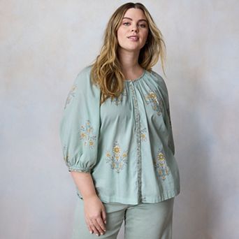 Plus Size LC Lauren Conrad Raglan Sleeve Button Front Peasant Top