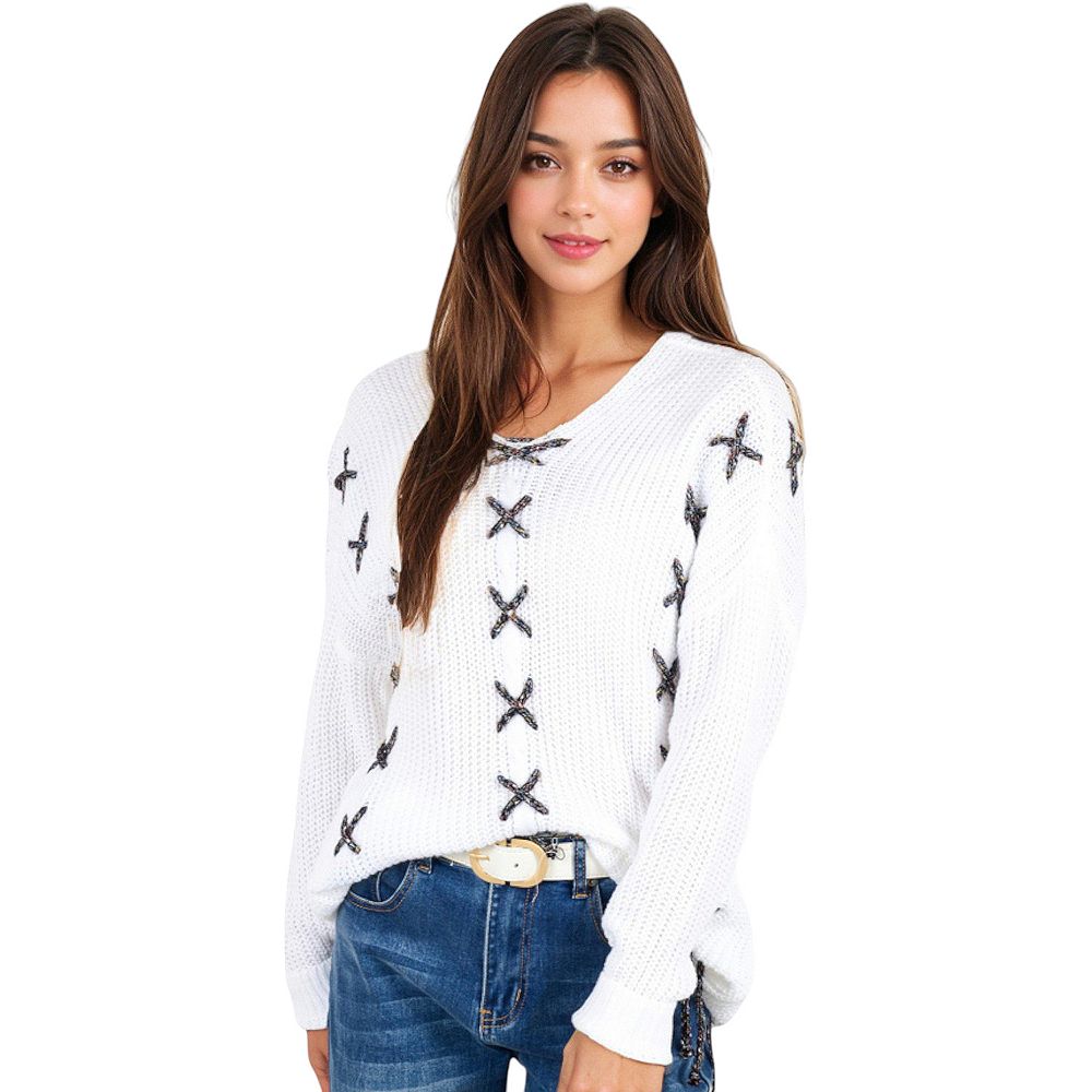 V-neck sweater with ruffles