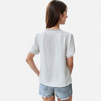 Women's Textured Lace Trim V-Neck Short Sleeve Blouse
