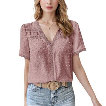 Women's Textured Lace Trim V-Neck Short Sleeve Blouse