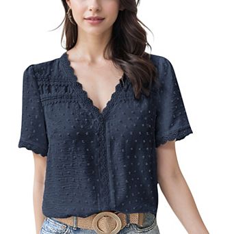 Women's Textured Lace Trim V-Neck Short Sleeve Blouse
